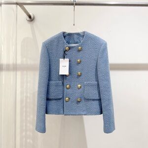 🚩steal Authentic Celine Blue Tweed Jacket with Gold Buttons